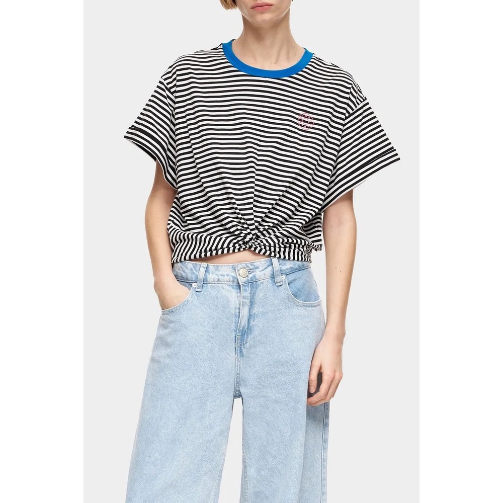 Bimba Y Lola Black White Striped Front Knot Ringer Crop Top Size XS NWOT!
